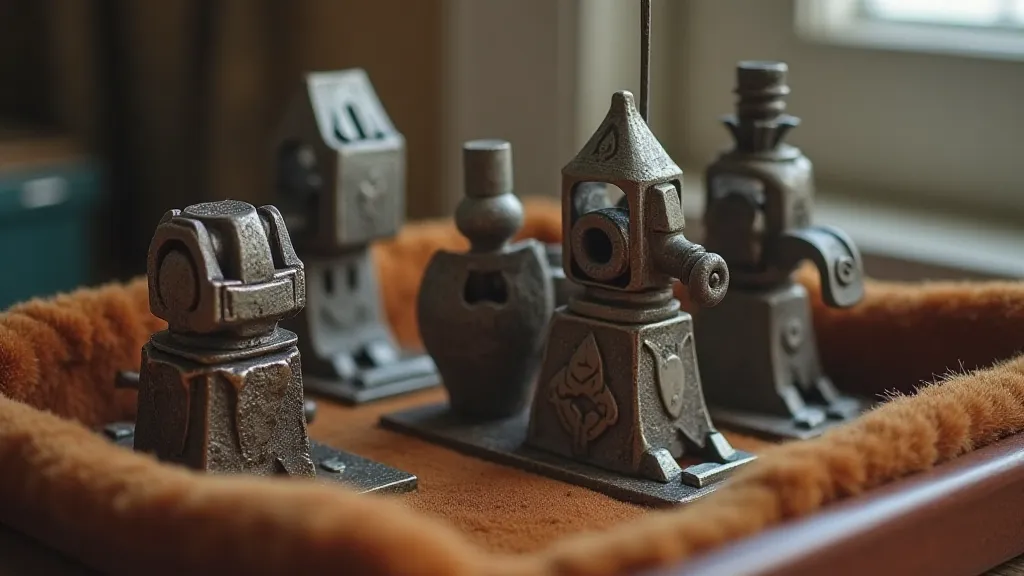 Antique sewing machine feet on a tray