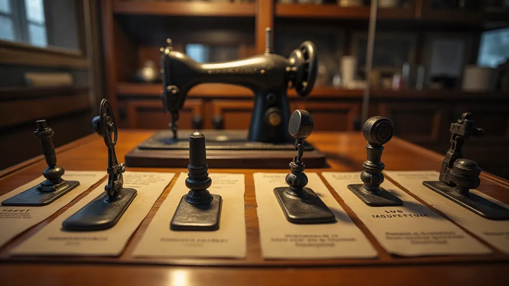 Display case of antique sewing machine feet
