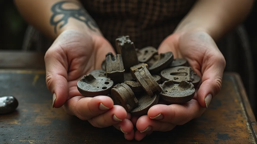 Woman's hands holding antique sewing machine feet