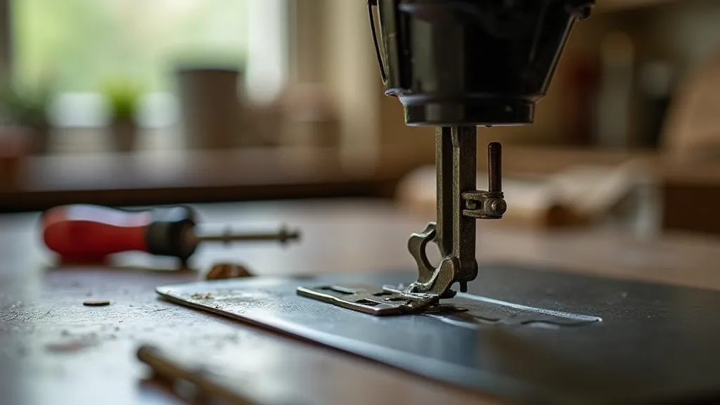 Vintage sewing machine foot on a workbench