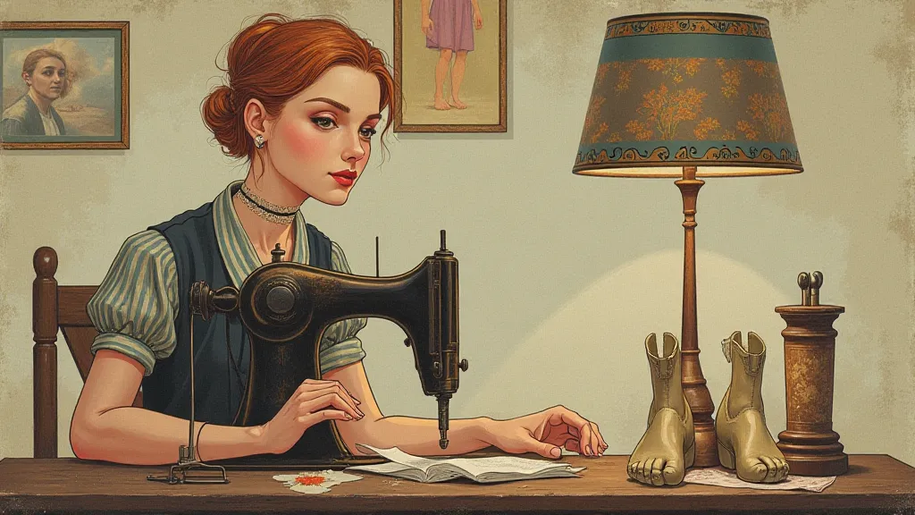 Illustration of a woman sewing with antique feet