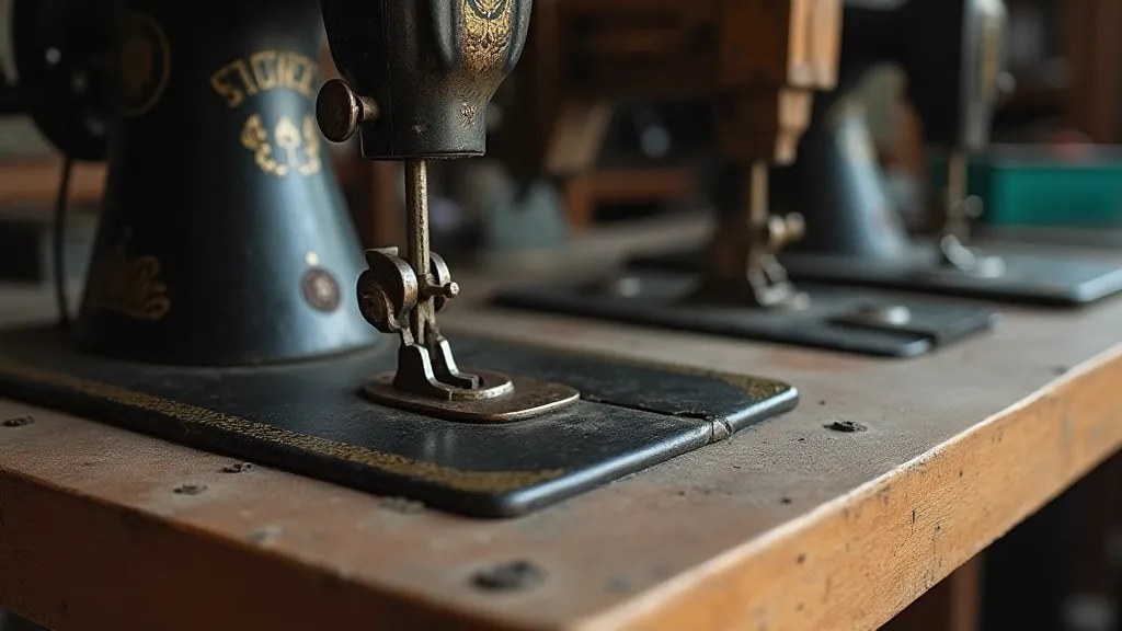 Antique sewing machine feet on a workbench