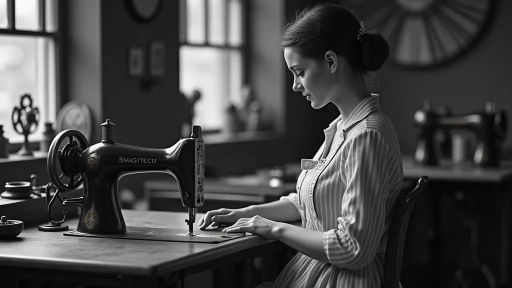 Vintage seamstress using an antique sewing machine